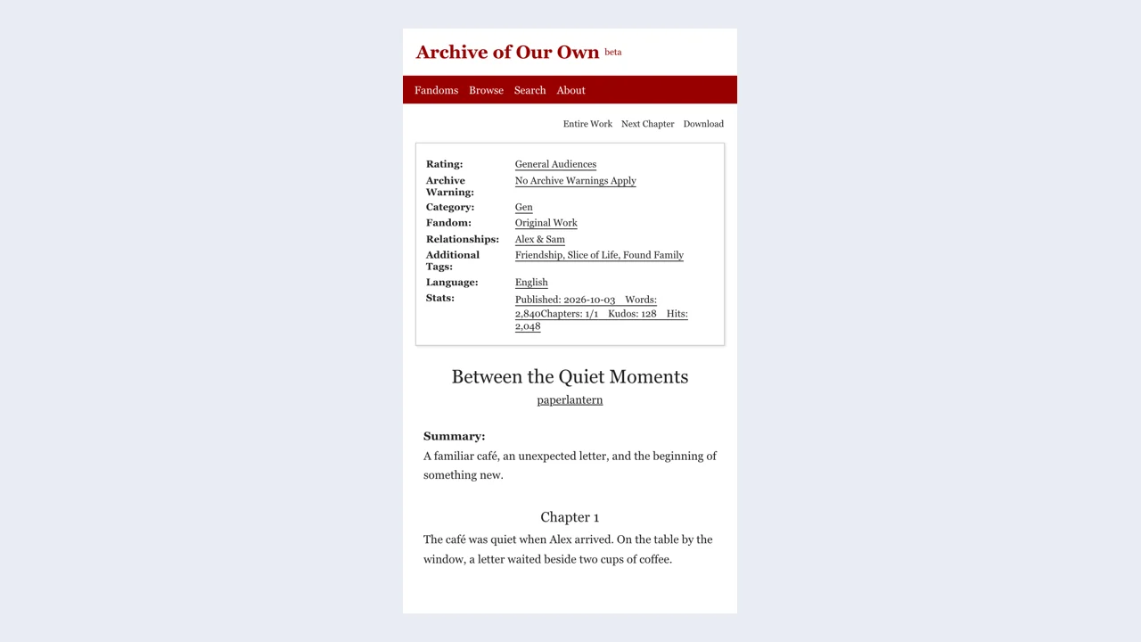 Fake AO3 Screenshot Maker example: a finished fictional ao3 scene