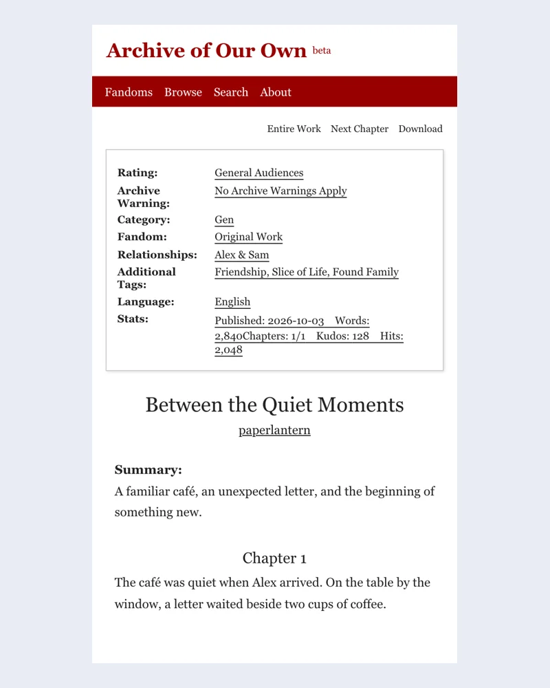 Fake AO3 Screenshot Maker example with the same text and details shown alongside