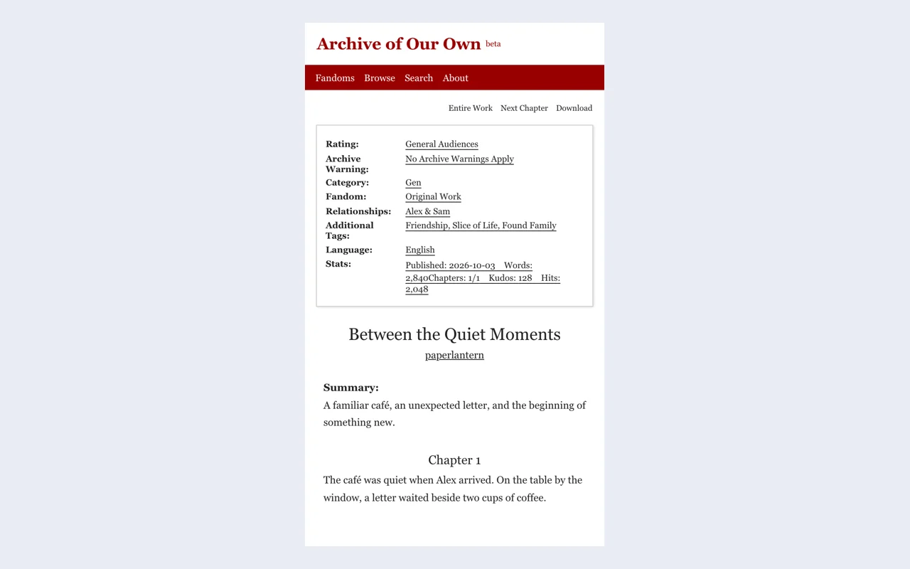 Actual Archive of Our Own-style fictional work page example exported from this editor