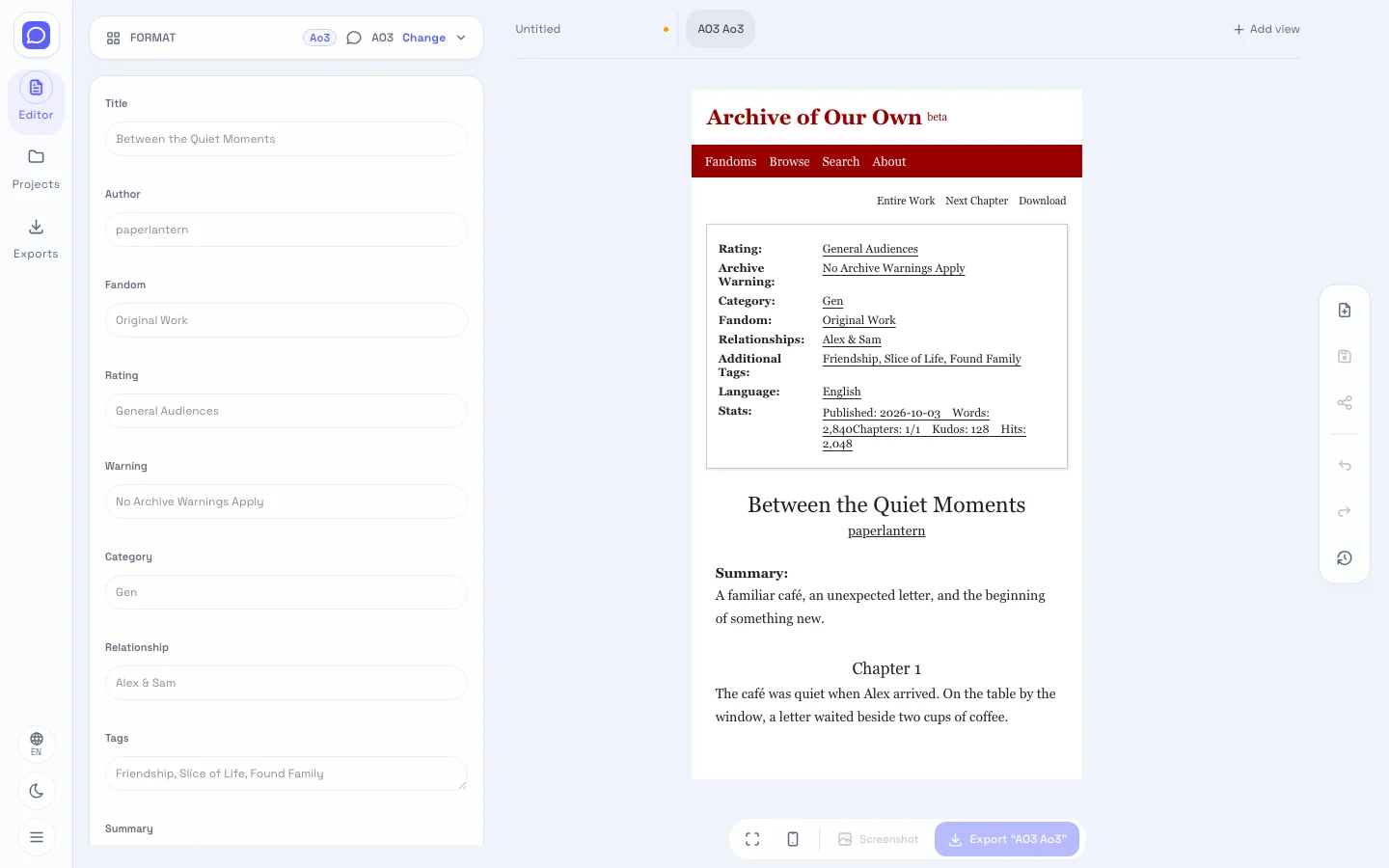 Archive of Our Own-style editor showing editable fields beside the fictional work page preview