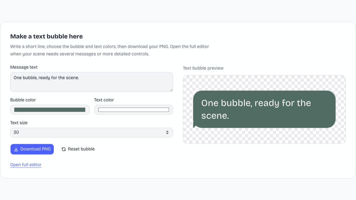 Inline text bubble tool with message, bubble color, text color and text size controls beside its preview