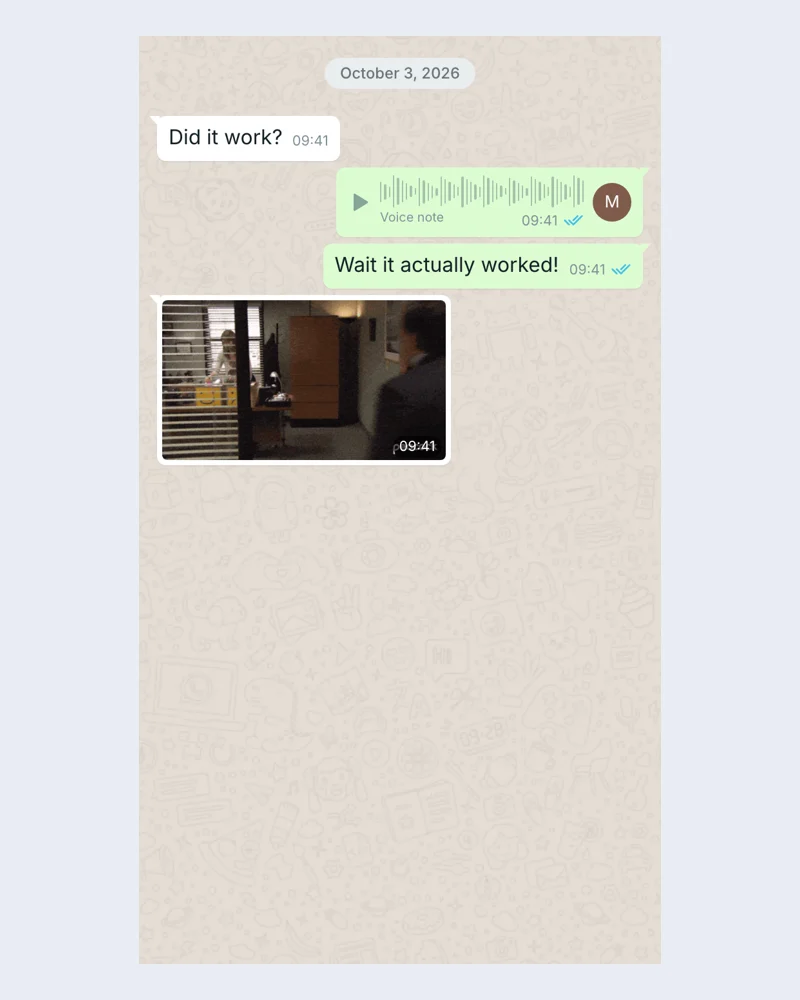 Example WhatsApp-style message bubble graphic with editable fictional content