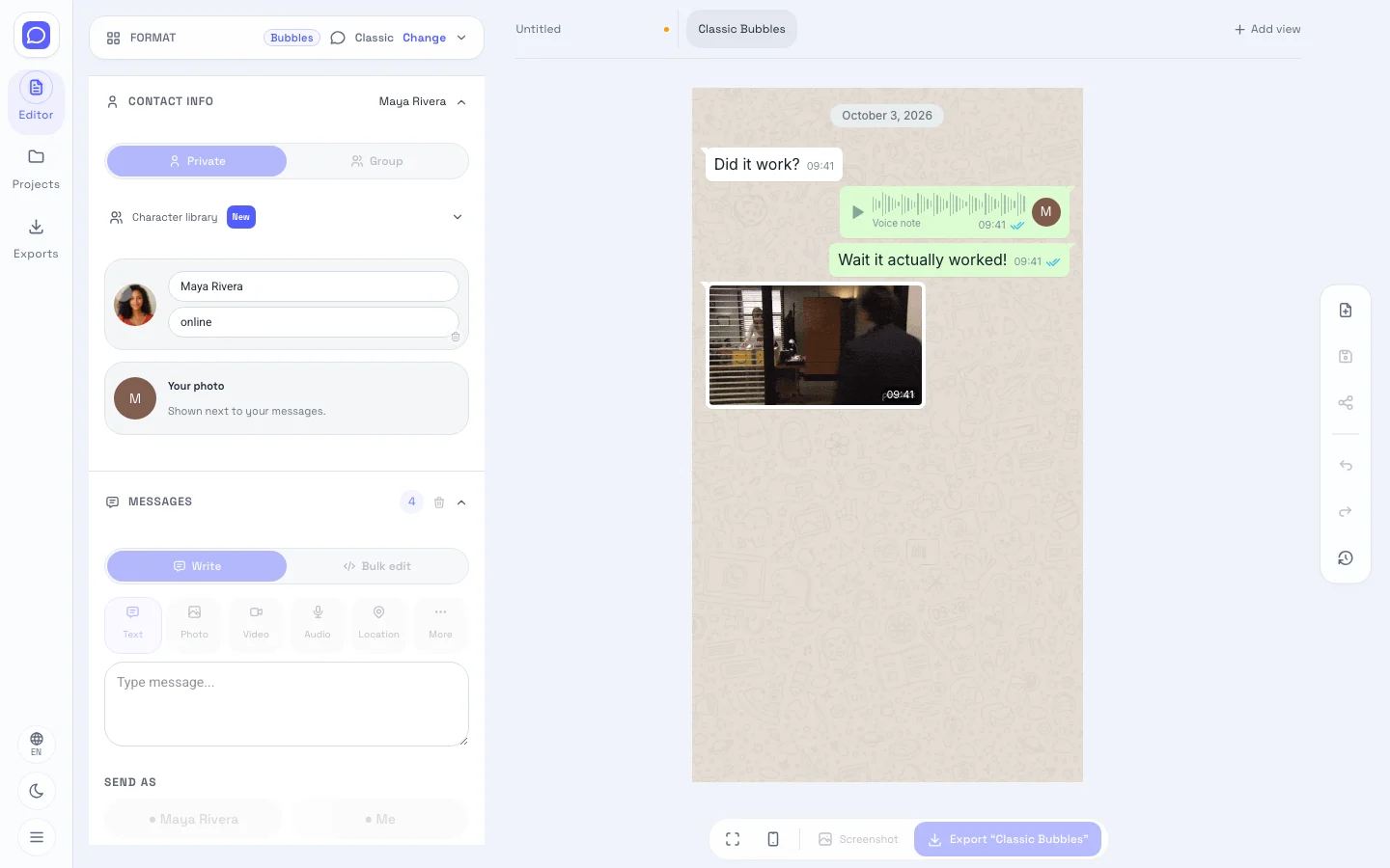 Live WhatsApp-style preview in the screenshot workspace