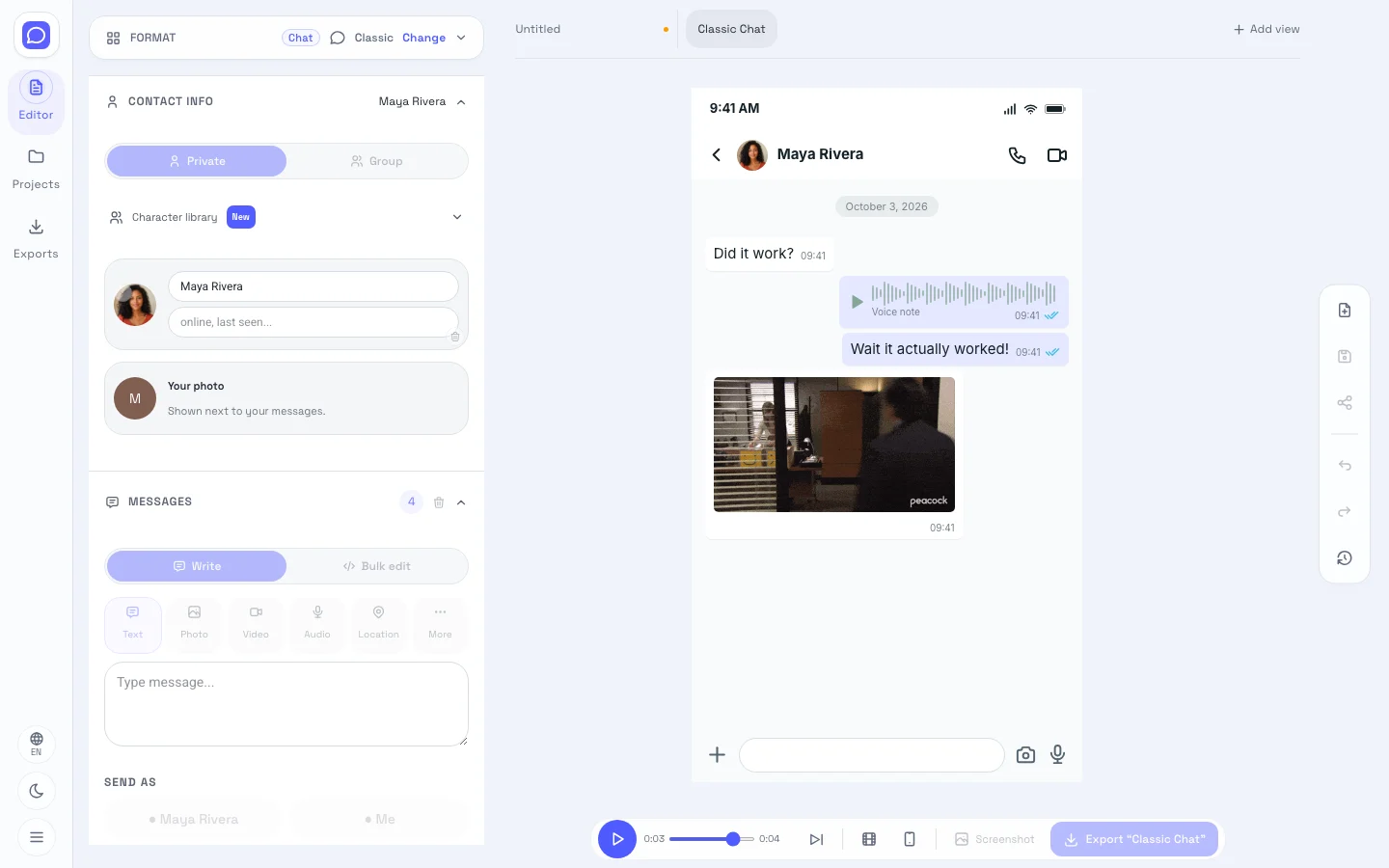 messaging editor showing editable fields beside the conversation screenshot preview