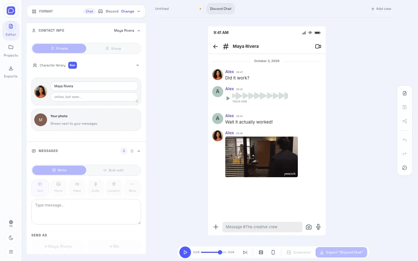 Discord editor showing editable fields beside the channel conversation preview