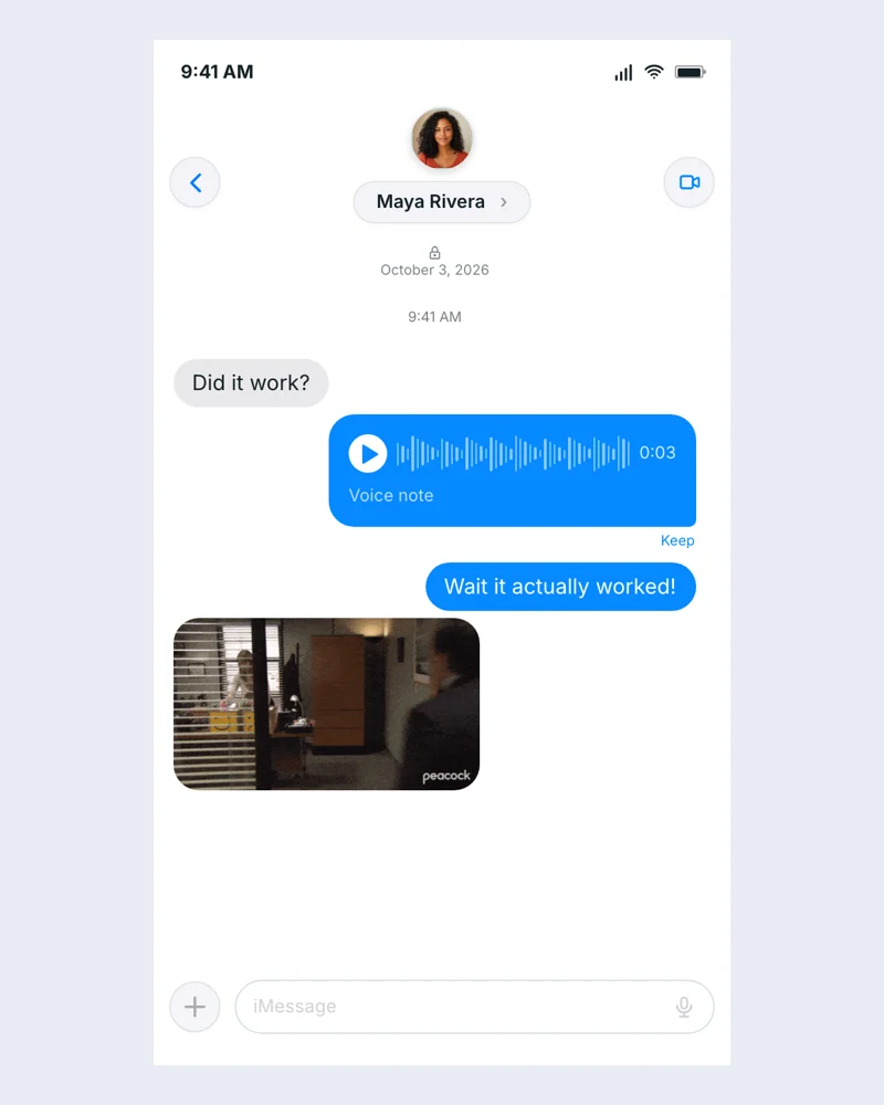 Example iMessage iPhone conversation with editable fictional content