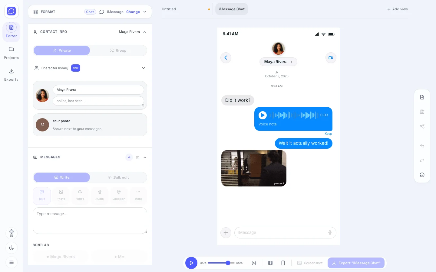 iMessage editor showing editable fields beside the iPhone conversation preview