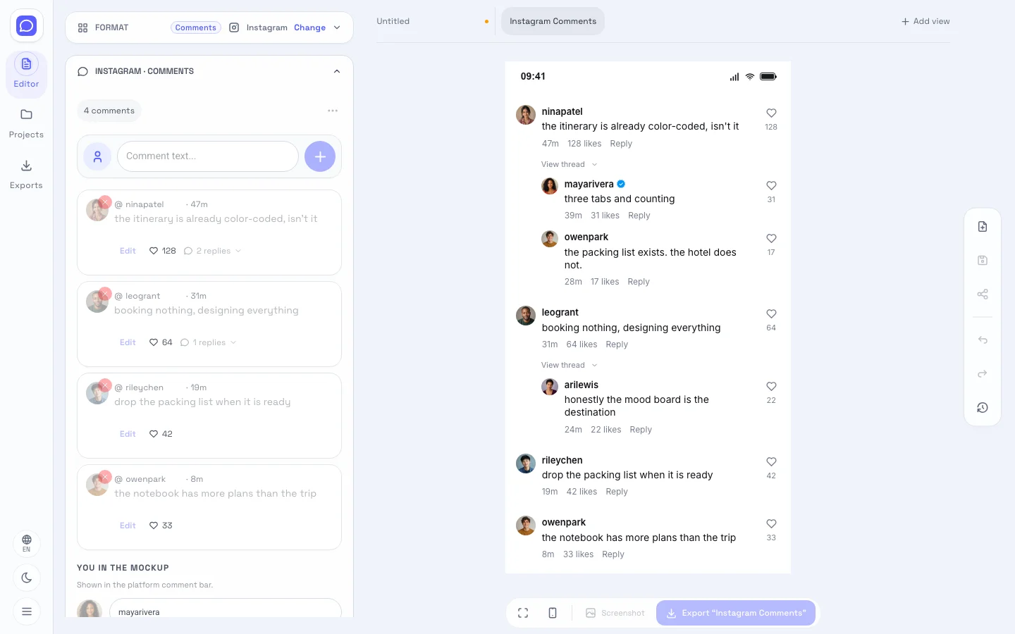 Instagram editor showing editable fields beside the comment section preview