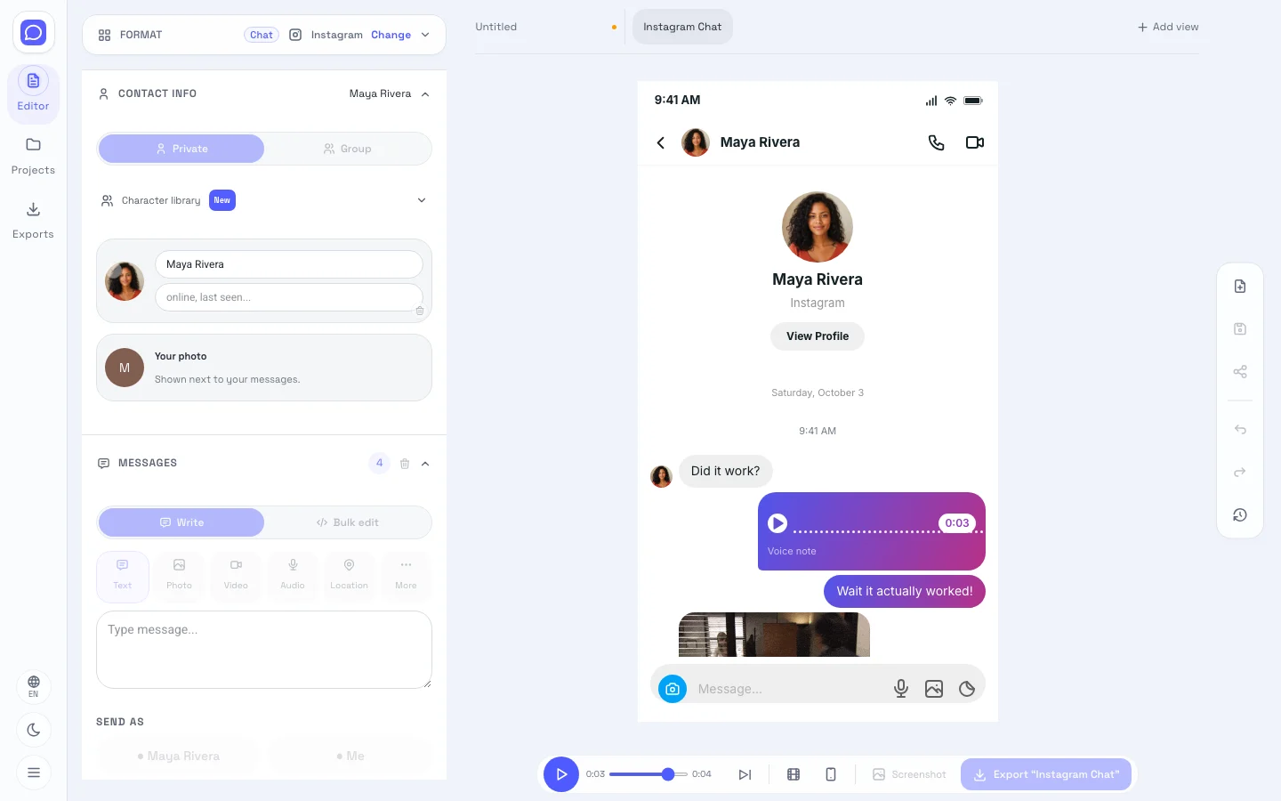 Instagram editor showing editable fields beside the direct message screenshot preview