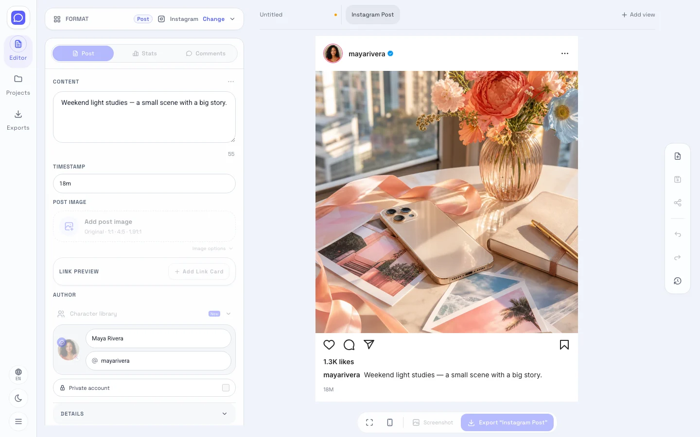 Instagram editor showing editable fields beside the post mockup preview