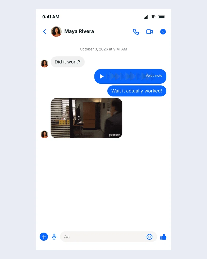 Example Messenger conversation mockup with editable fictional content