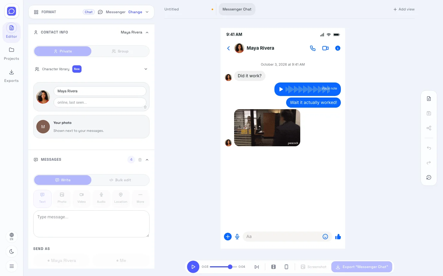 Messenger editor showing editable fields beside the conversation mockup preview