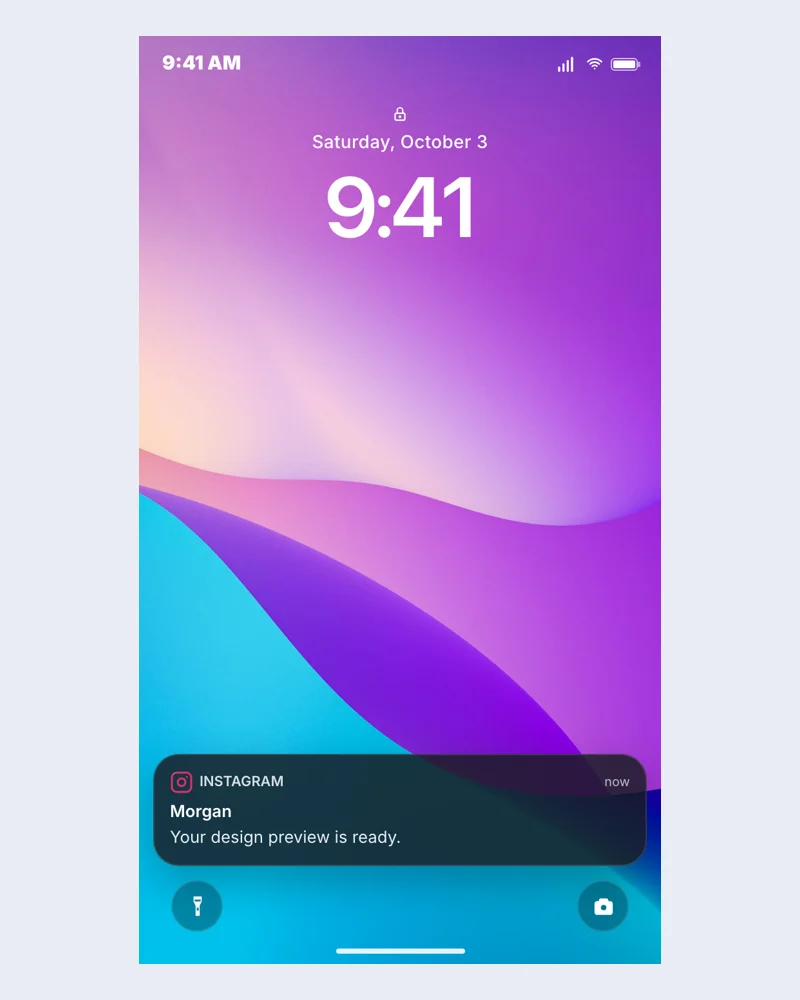 Example iPhone lock screen notification scene with editable fictional content