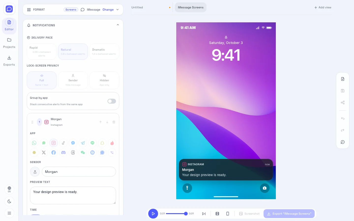 iPhone lock screen editor showing editable fields beside the notification scene preview