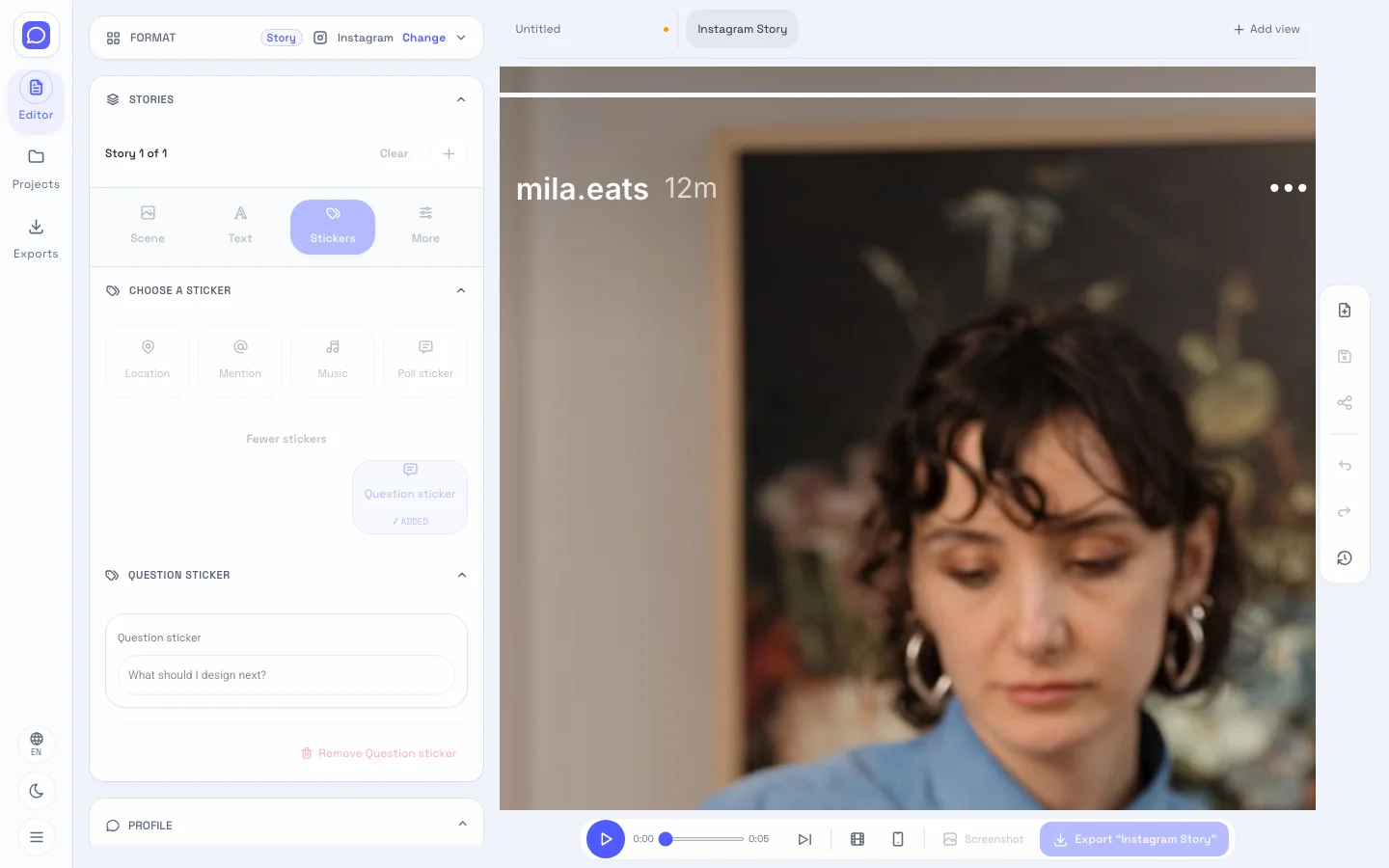 Instagram editor showing editable fields beside the question sticker scene preview