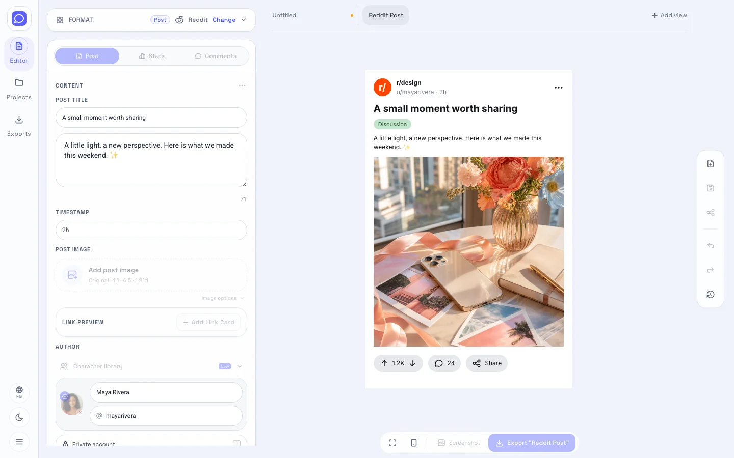 Reddit editor showing editable fields beside the discussion post preview