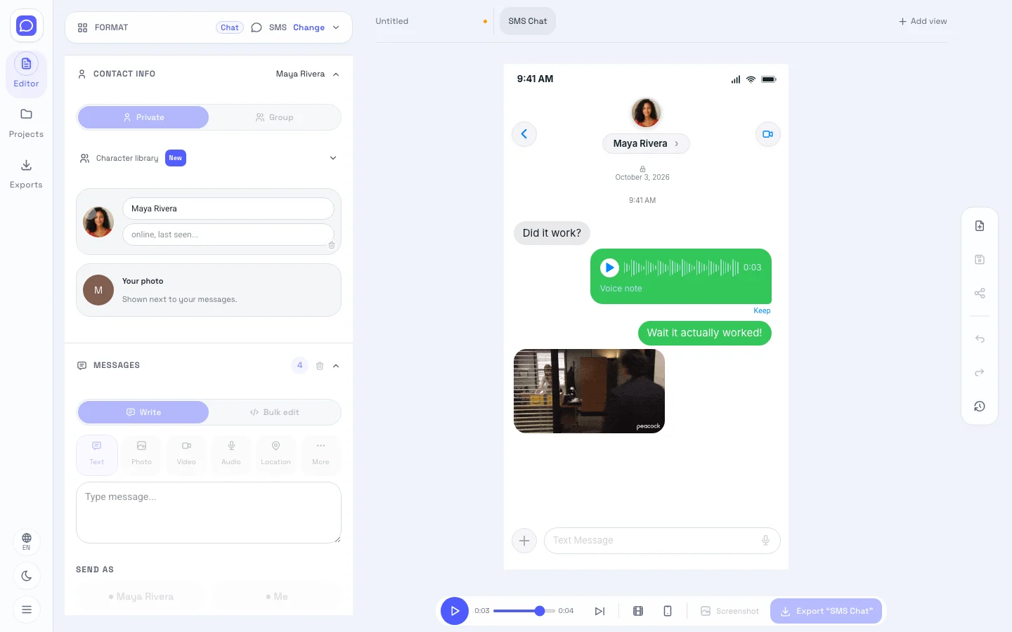 SMS editor showing editable fields beside the text message screenshot preview