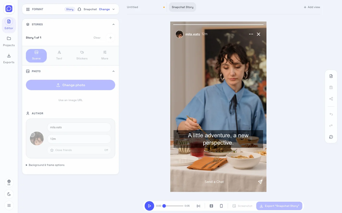 Snapchat editor showing editable fields beside the captioned photo preview