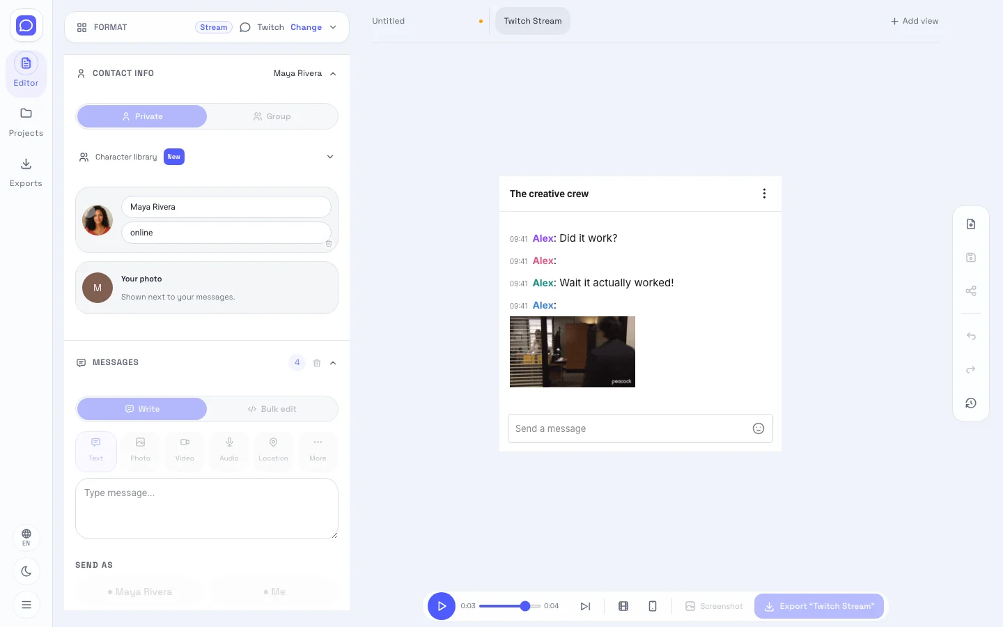 Twitch-style editor showing editable fields beside the live chat overlay preview