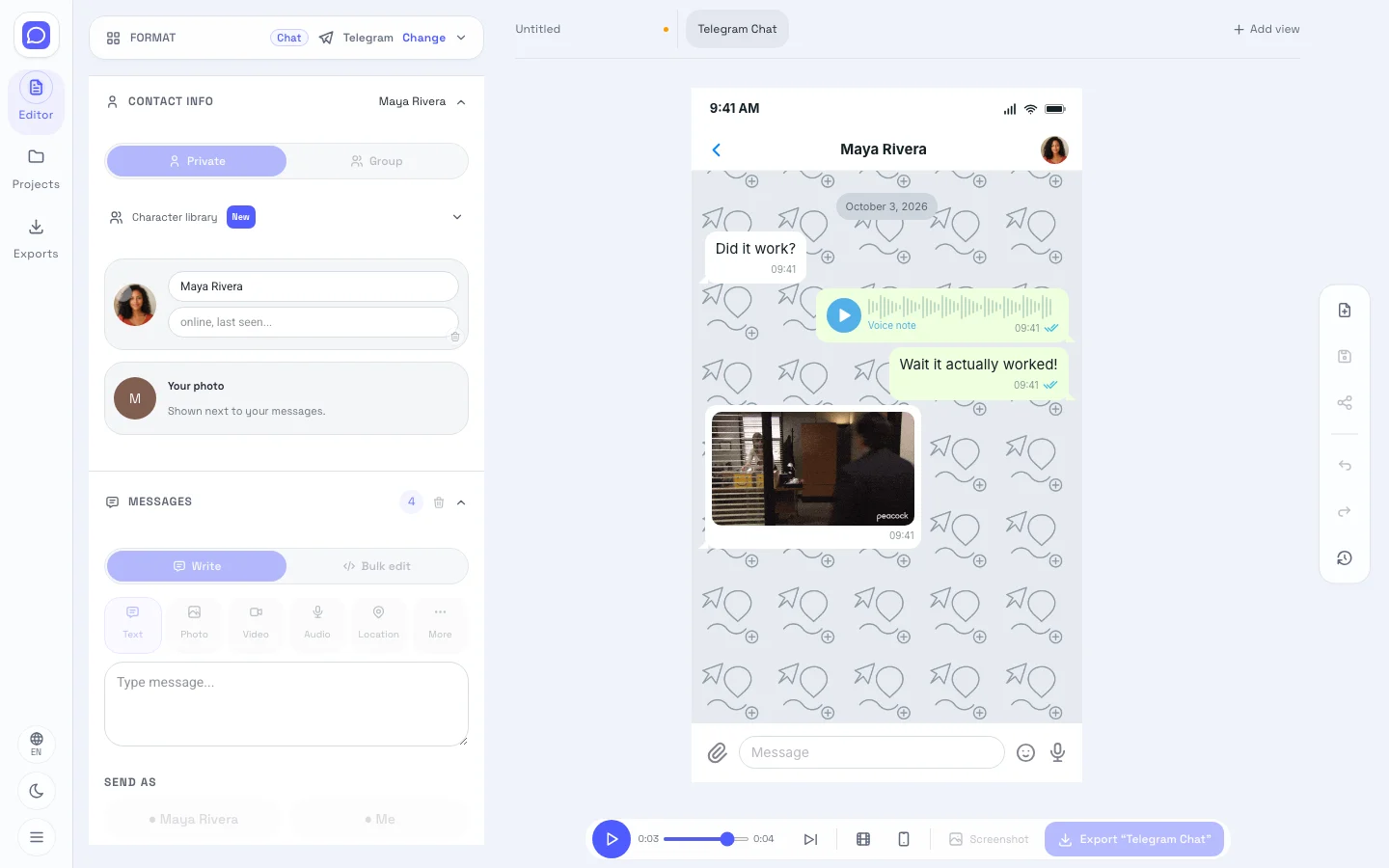 Telegram editor showing editable fields beside the chat screenshot preview