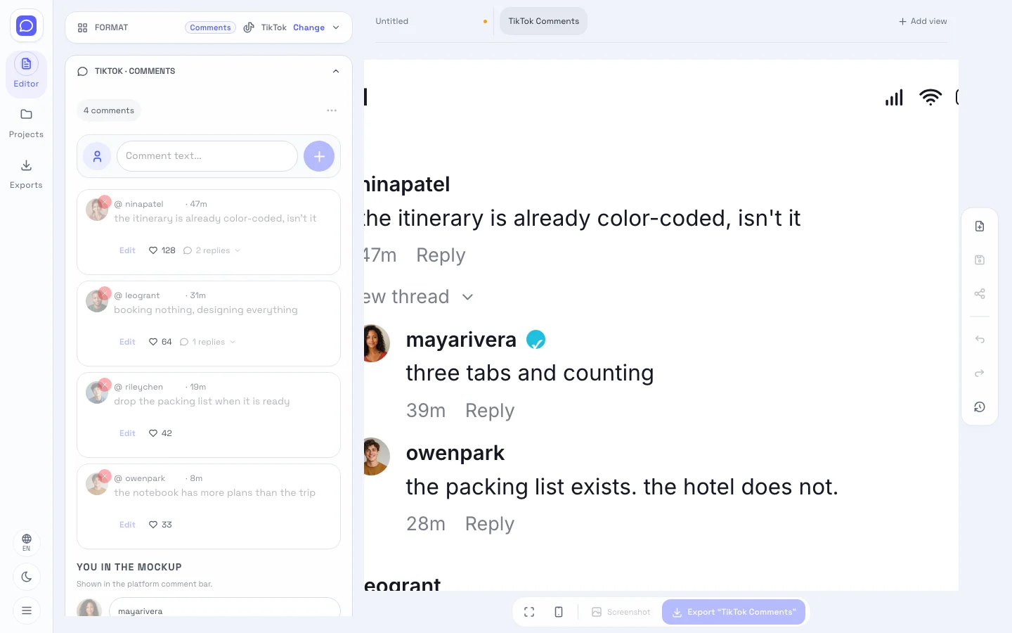 TikTok editor showing editable fields beside the comment sheet preview