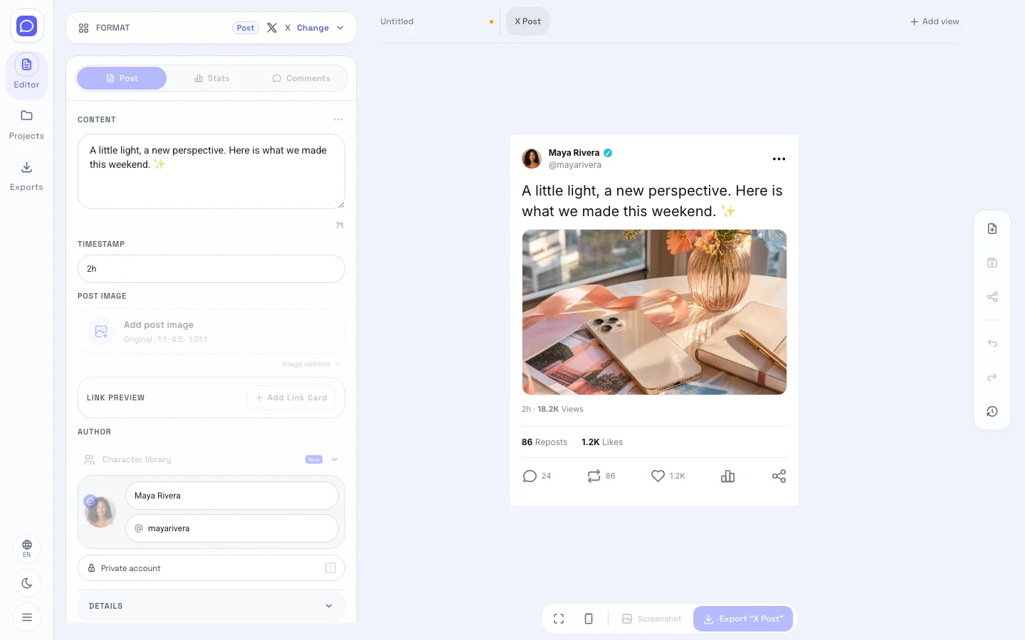 X / Twitter editor showing editable fields beside the post screenshot preview