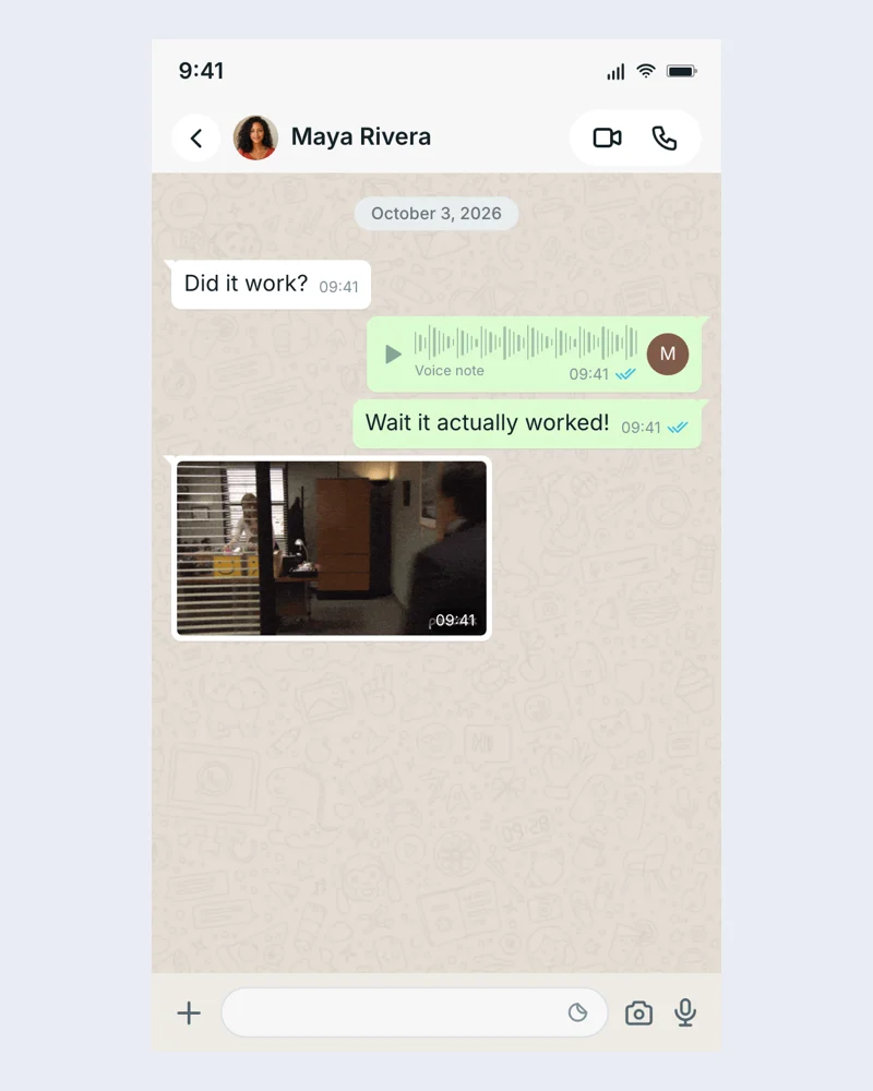 Example WhatsApp conversation screenshot with editable fictional content