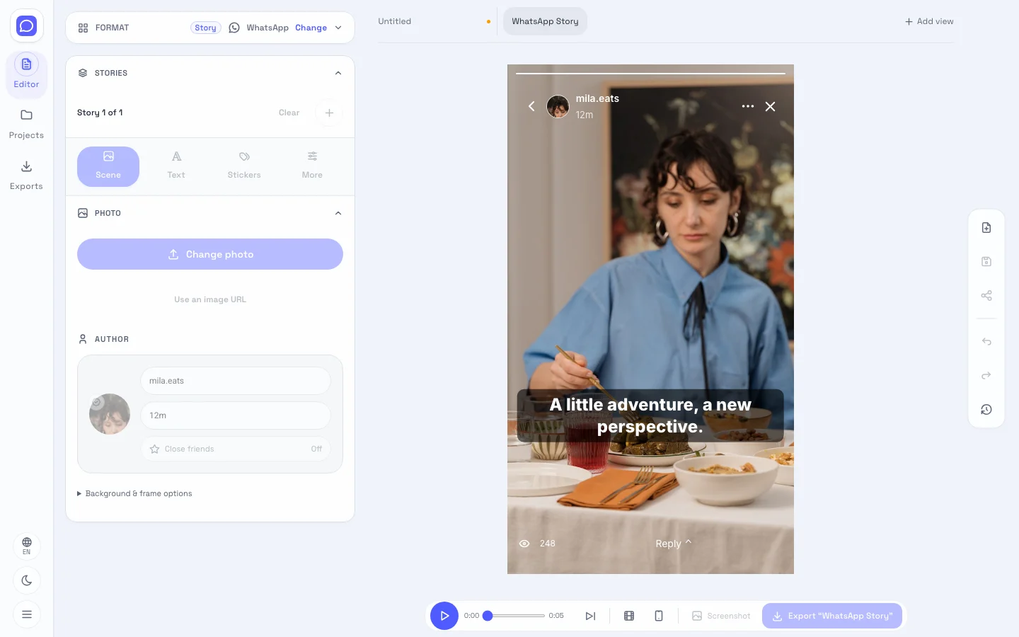 WhatsApp editor showing editable fields beside the status scene preview