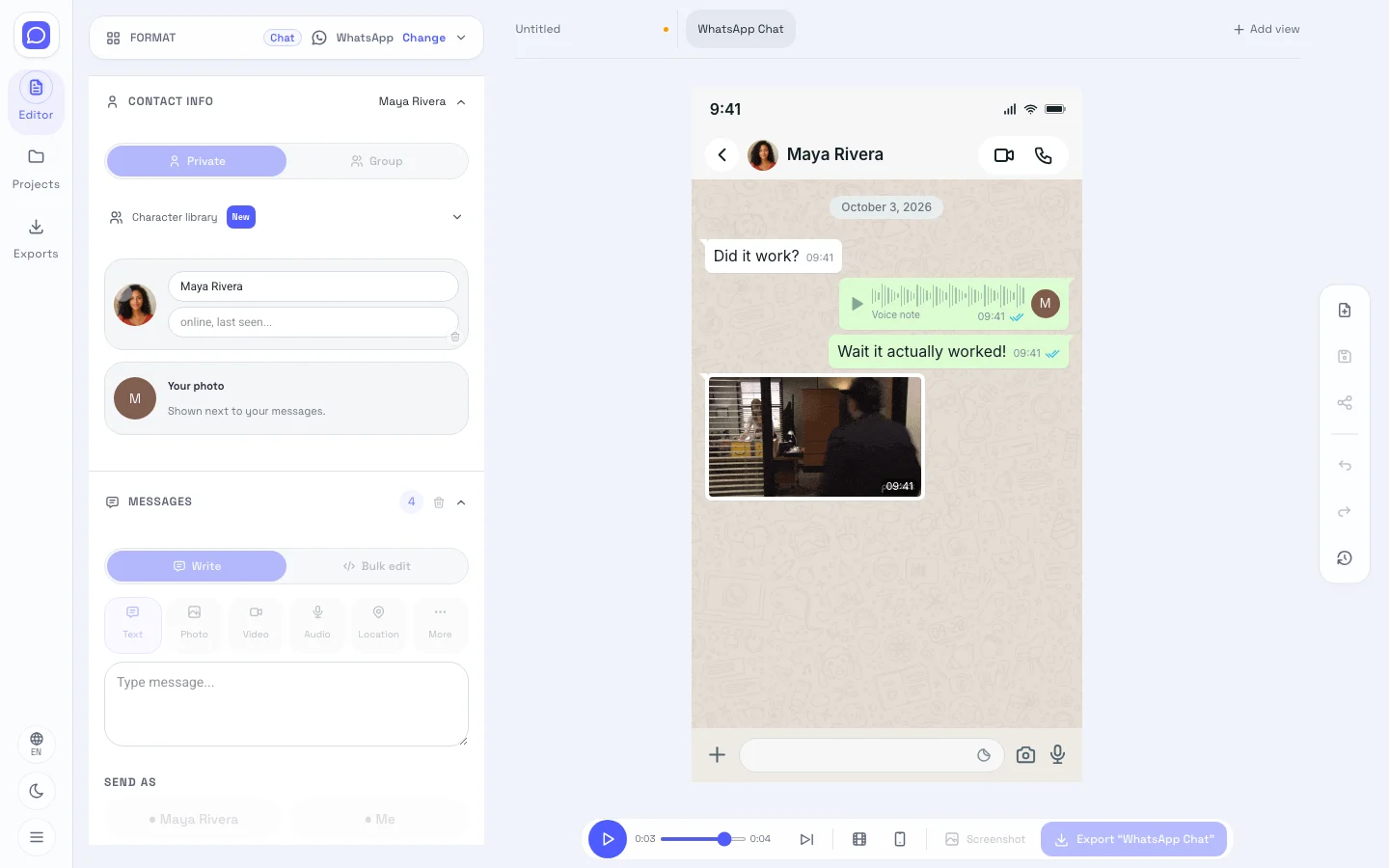 WhatsApp editor showing editable fields beside the conversation screenshot preview