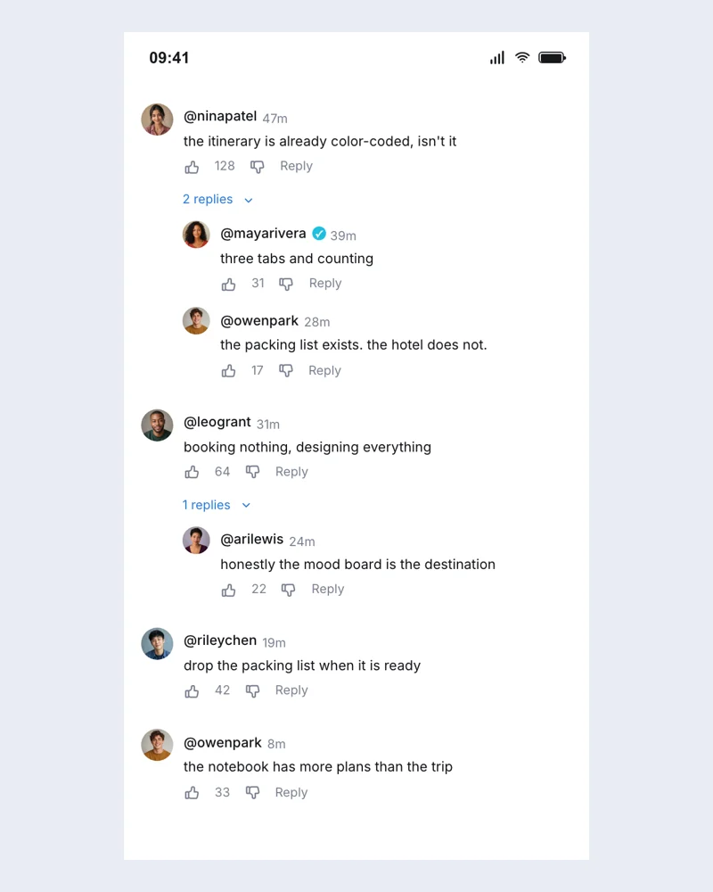 Example YouTube comment thread with editable fictional content