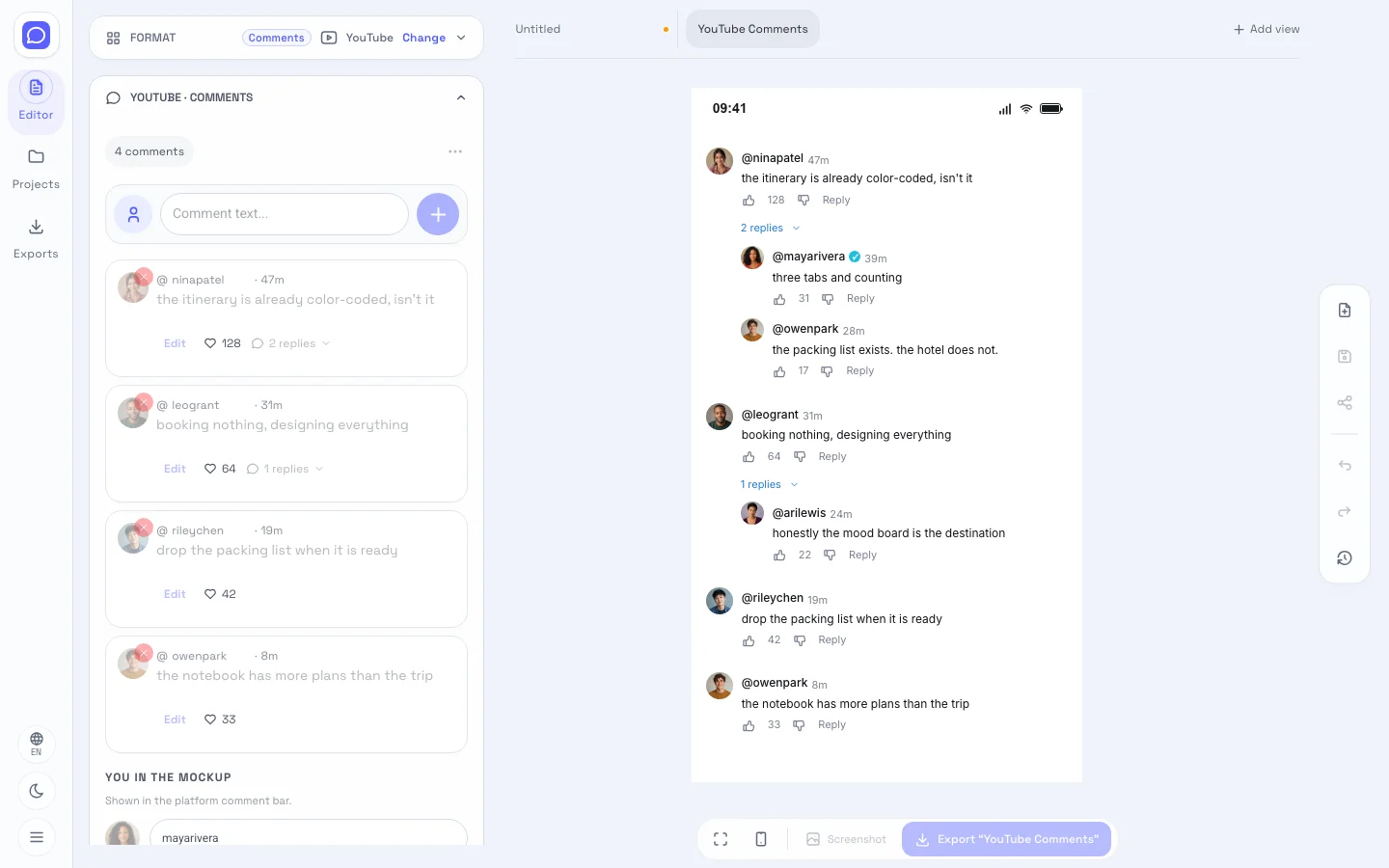 YouTube editor showing editable fields beside the comment thread preview