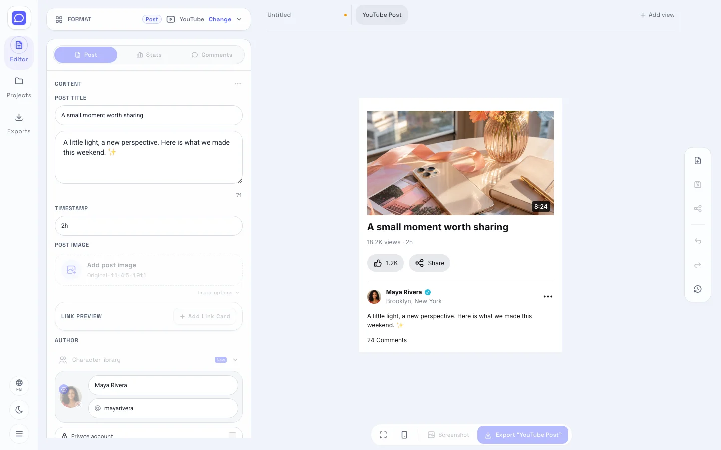 YouTube editor showing editable fields beside the video card mockup preview