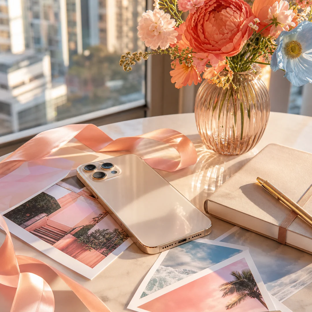 Source photo with a phone, flowers, notebook and ribbon on a sunlit table